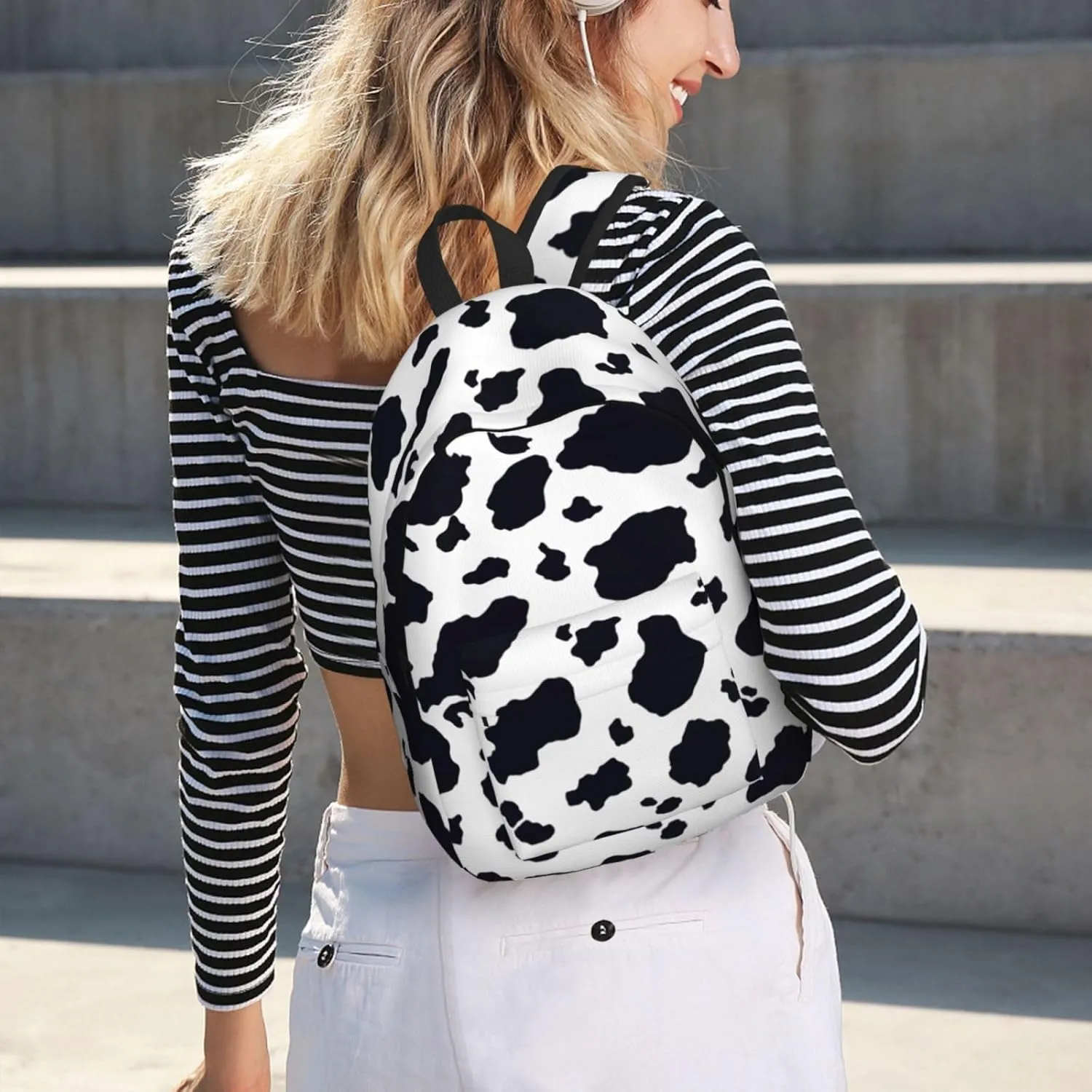 Black & White Cow Print Canvas casual lightweight backpack