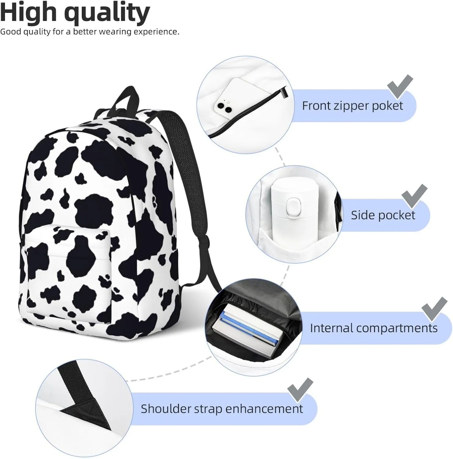 Black & White Cow Print Canvas casual lightweight backpack