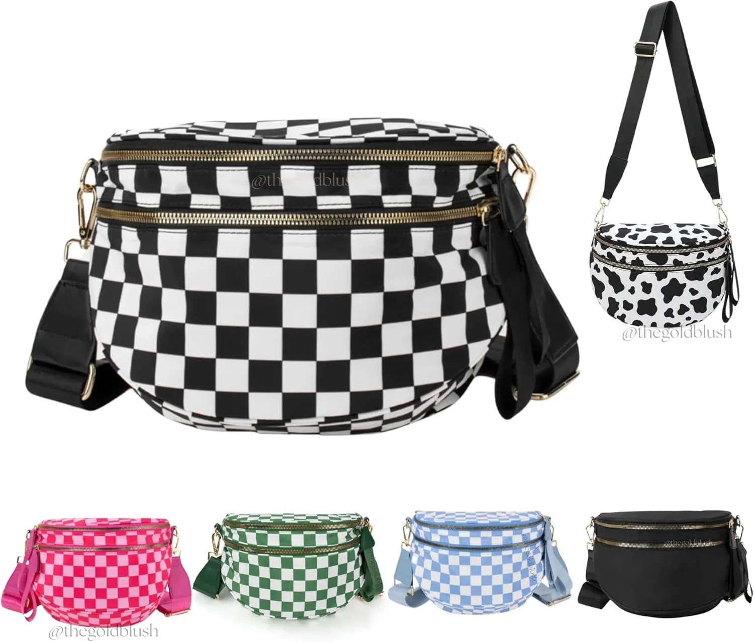 Black and White Checkered Crossbody Bum Bag, Spacious Design for Essentials Plus Size Friendly Strap 55"