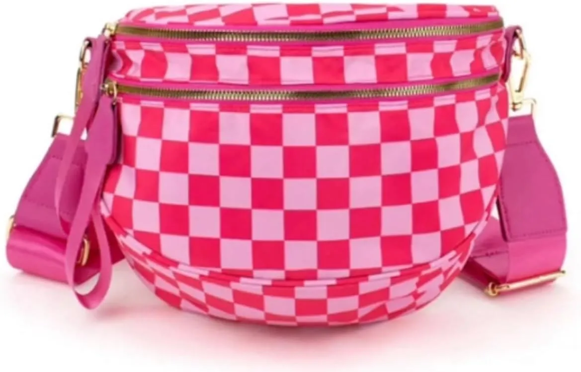 Black and White Checkered Crossbody Bum Bag, Spacious Design for Essentials Plus Size Friendly Strap 55"
