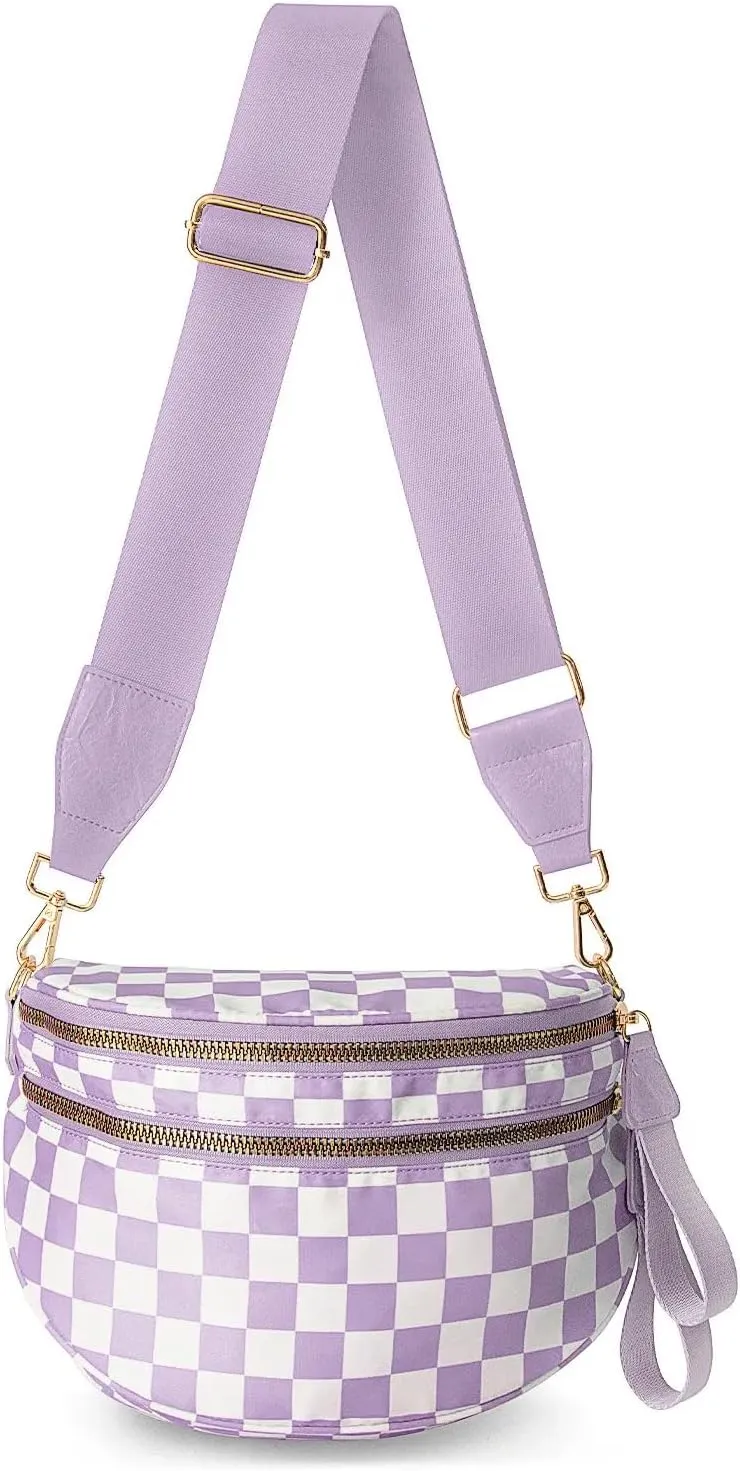 Black and White Checkered Crossbody Bum Bag, Spacious Design for Essentials Plus Size Friendly Strap 55"