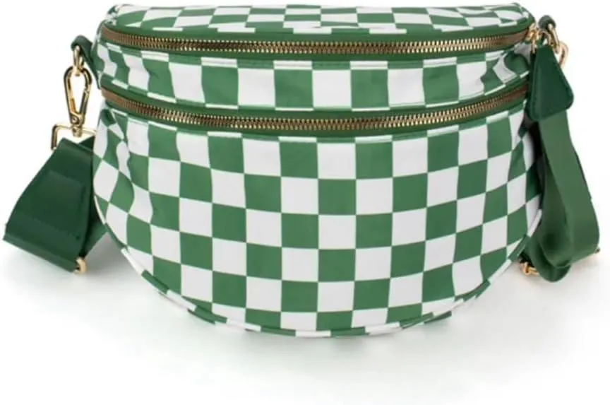 Black and White Checkered Crossbody Bum Bag, Spacious Design for Essentials Plus Size Friendly Strap 55"