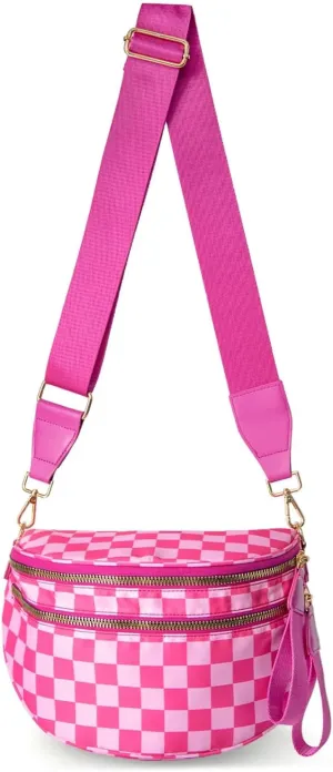 Black and White Checkered Crossbody Bum Bag, Spacious Design for Essentials Plus Size Friendly Strap 55"
