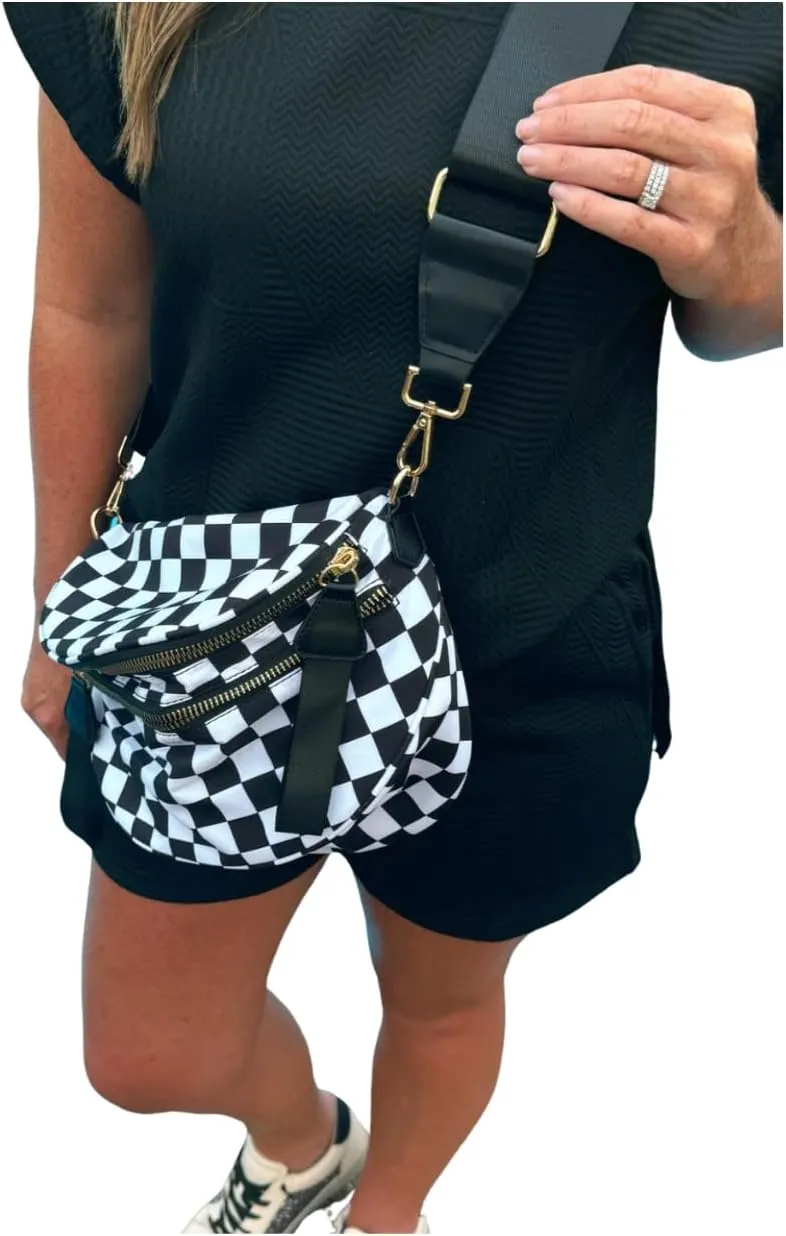 Black and White Checkered Crossbody Bum Bag, Spacious Design for Essentials Plus Size Friendly Strap 55"