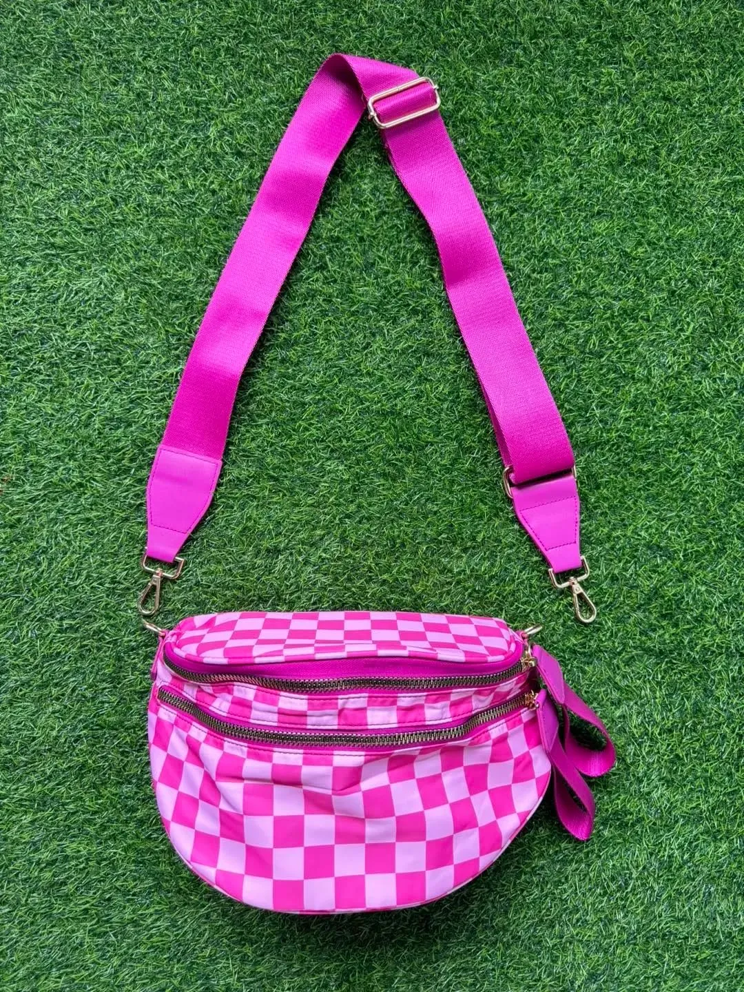 Black and White Checkered Crossbody Bum Bag, Spacious Design for Essentials Plus Size Friendly Strap 55"