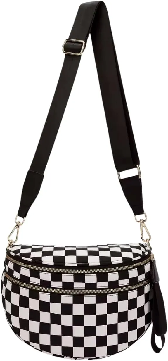Black and White Checkered Crossbody Bum Bag, Spacious Design for Essentials Plus Size Friendly Strap 55"