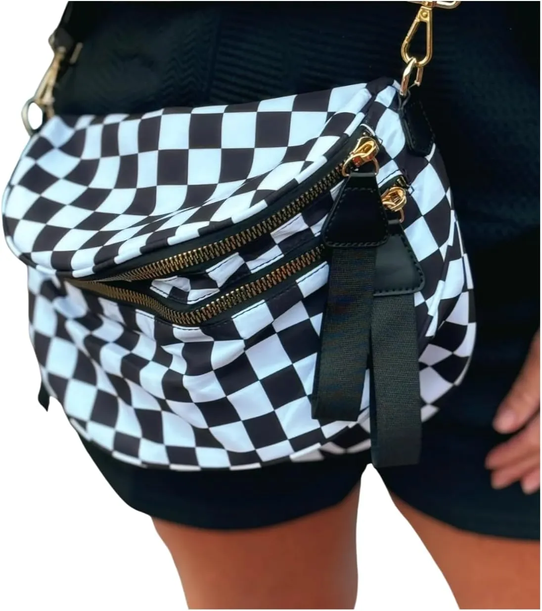 Black and White Checkered Crossbody Bum Bag, Spacious Design for Essentials Plus Size Friendly Strap 55"