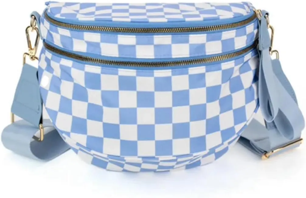 Black and White Checkered Crossbody Bum Bag, Spacious Design for Essentials Plus Size Friendly Strap 55"