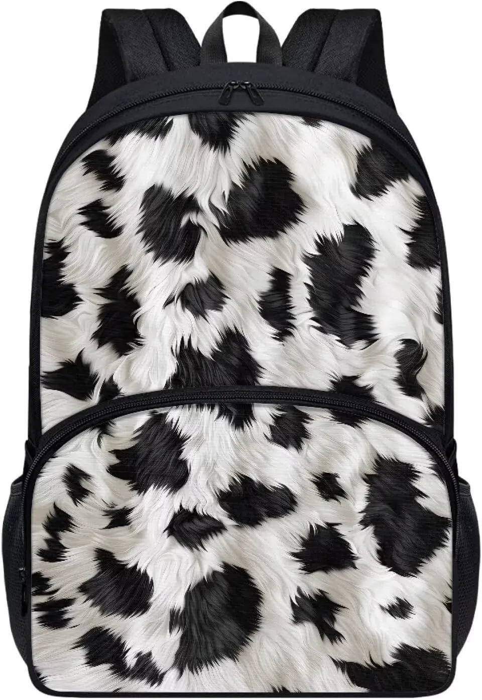 Black and White Cow Print Kids School Backpack Girls Schoolbag Primary Schoolbag Large Children's Schoolbag Lightweight Zipper Schoolbag with Front Compartment Children's Gift