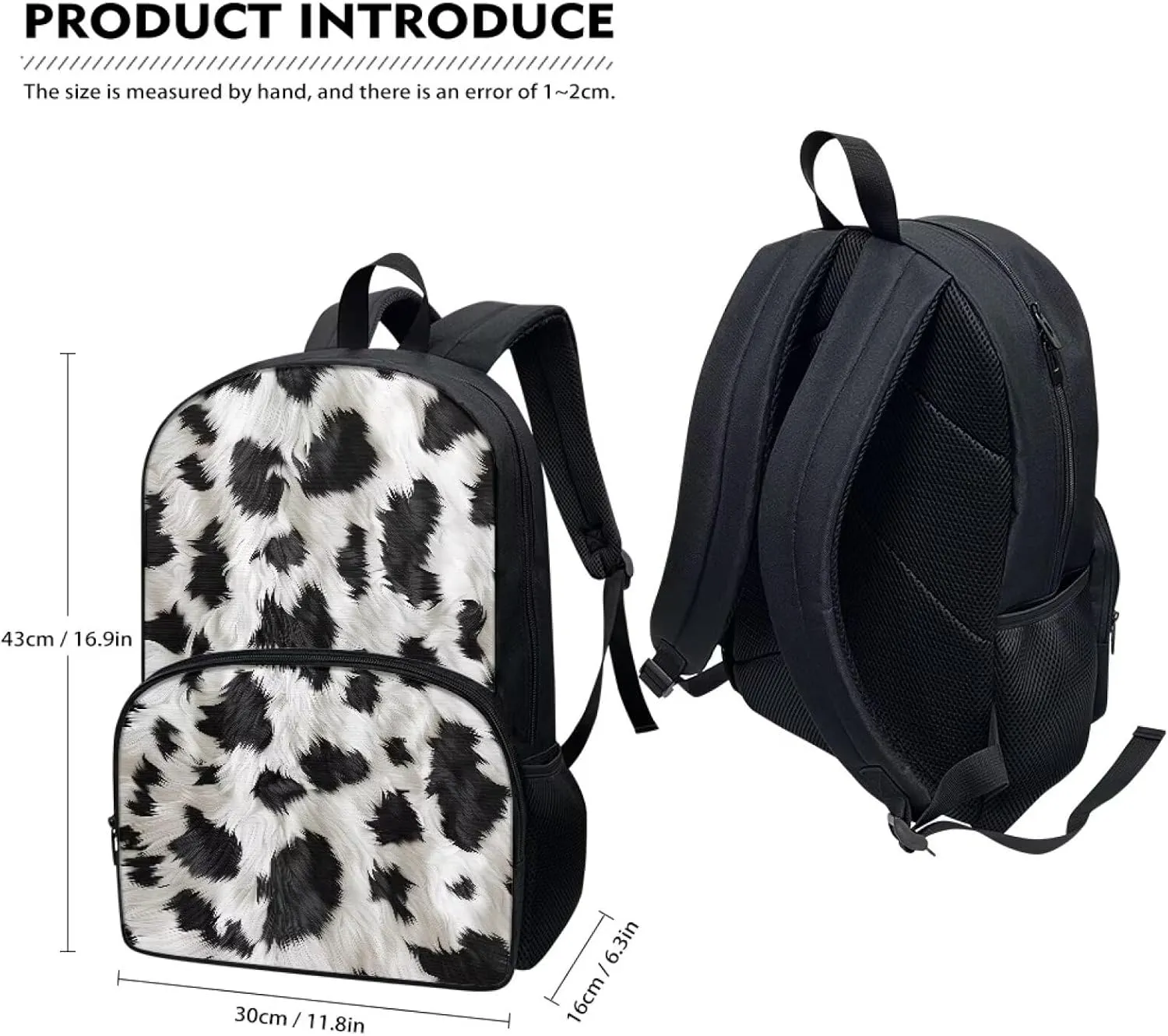 Black and White Cow Print Kids School Backpack Girls Schoolbag Primary Schoolbag Large Children's Schoolbag Lightweight Zipper Schoolbag with Front Compartment Children's Gift