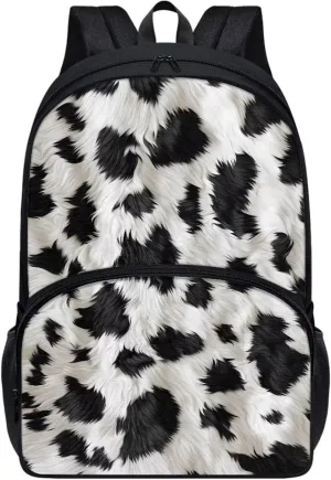 Black and White Cow Print Kids School Backpack Girls Schoolbag Primary Schoolbag Large Children's Schoolbag Lightweight Zipper Schoolbag with Front Compartment Children's Gift