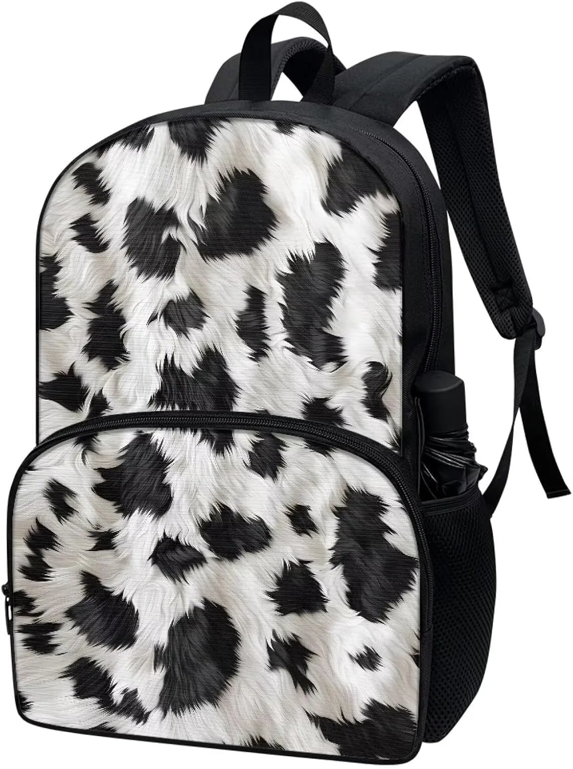 Black and White Cow Print Kids School Backpack Girls Schoolbag Primary Schoolbag Large Children's Schoolbag Lightweight Zipper Schoolbag with Front Compartment Children's Gift