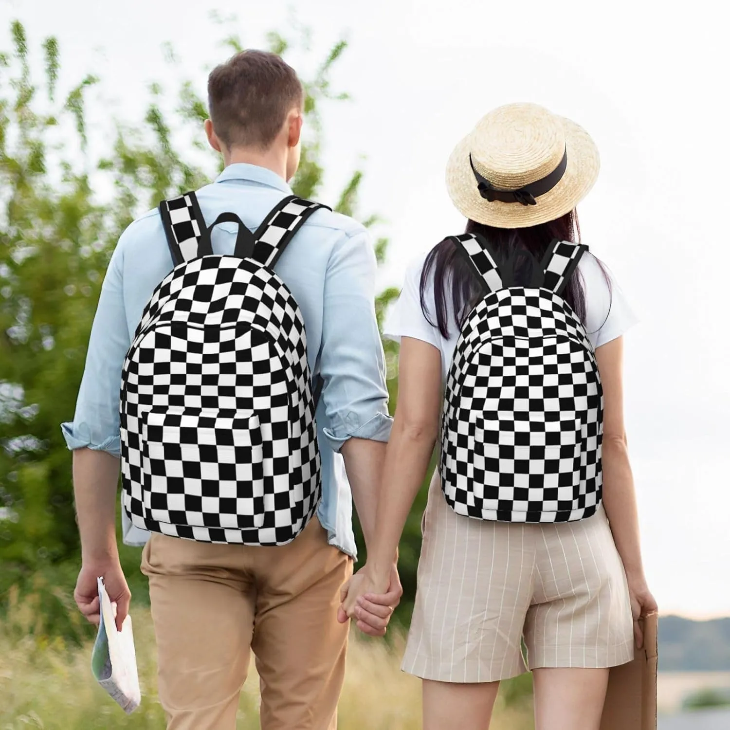 Black And White Simple Checkered Backpack for Girls Boys Women Lightweight Canvas Bookbag Casual Daypack for Travel Outdoor Camping, 17 Inch