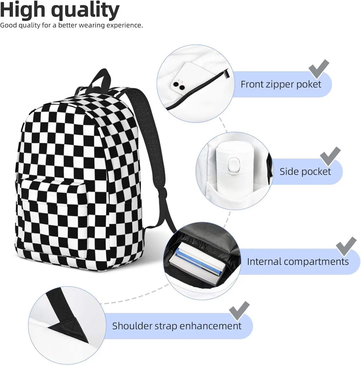 Black And White Simple Checkered Backpack for Girls Boys Women Lightweight Canvas Bookbag Casual Daypack for Travel Outdoor Camping, 17 Inch