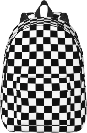 Black And White Simple Checkered Backpack for Girls Boys Women Lightweight Canvas Bookbag Casual Daypack for Travel Outdoor Camping, 17 Inch