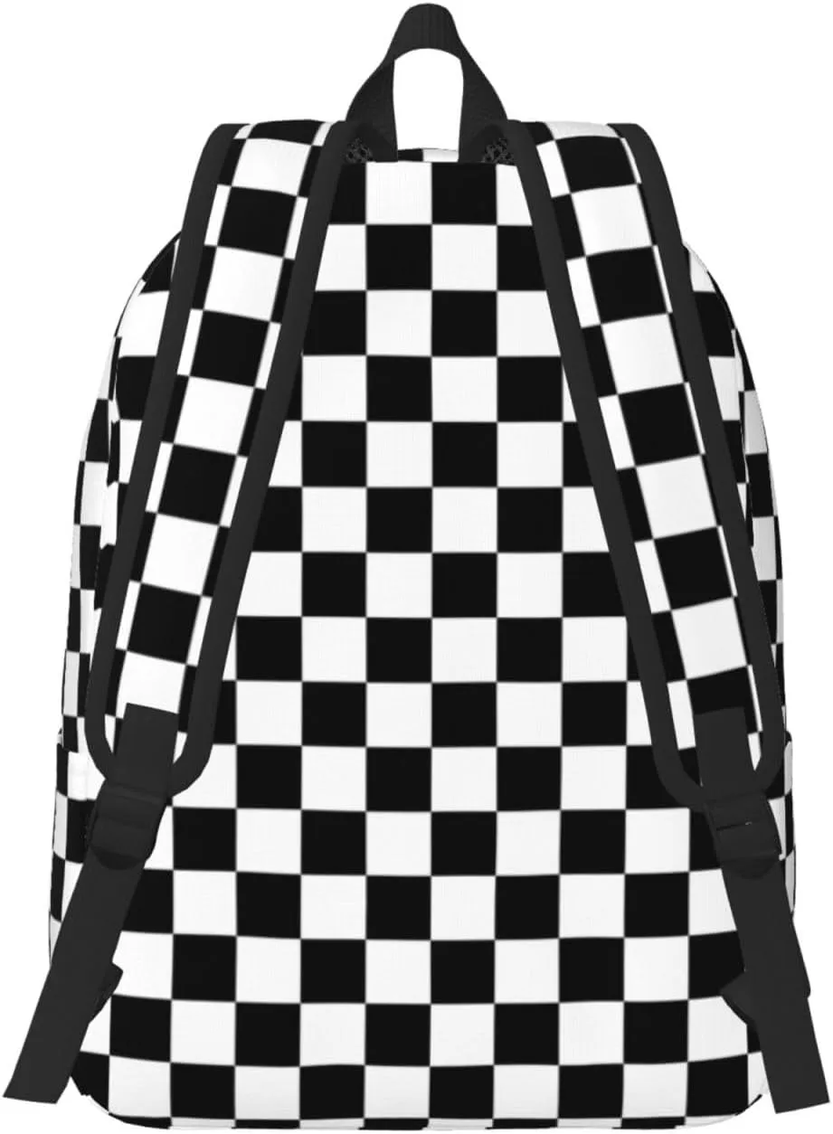 Black And White Simple Checkered Backpack for Girls Boys Women Lightweight Canvas Bookbag Casual Daypack for Travel Outdoor Camping, 17 Inch