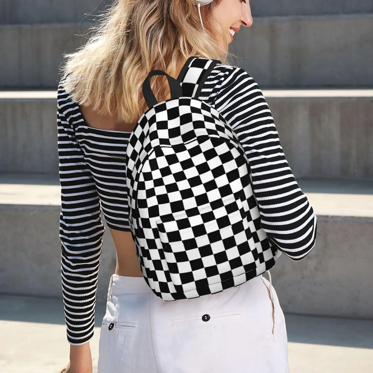 Black And White Simple Checkered Backpack for Girls Boys Women Lightweight Canvas Bookbag Casual Daypack for Travel Outdoor Camping, 17 Inch