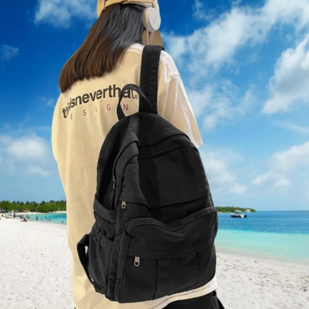 Black Canvas Backpack for Women & Men Retro Aesthetic Rucksack Basic Backpack for High School/College Students Travel Laptop Bag