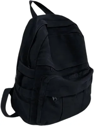 Black Canvas Backpack for Women & Men Retro Aesthetic Rucksack Basic Backpack for High School/College Students Travel Laptop Bag