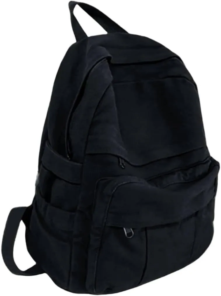 Black Canvas Backpack for Women & Men Retro Aesthetic Rucksack Basic Backpack for High School/College Students Travel Laptop Bag