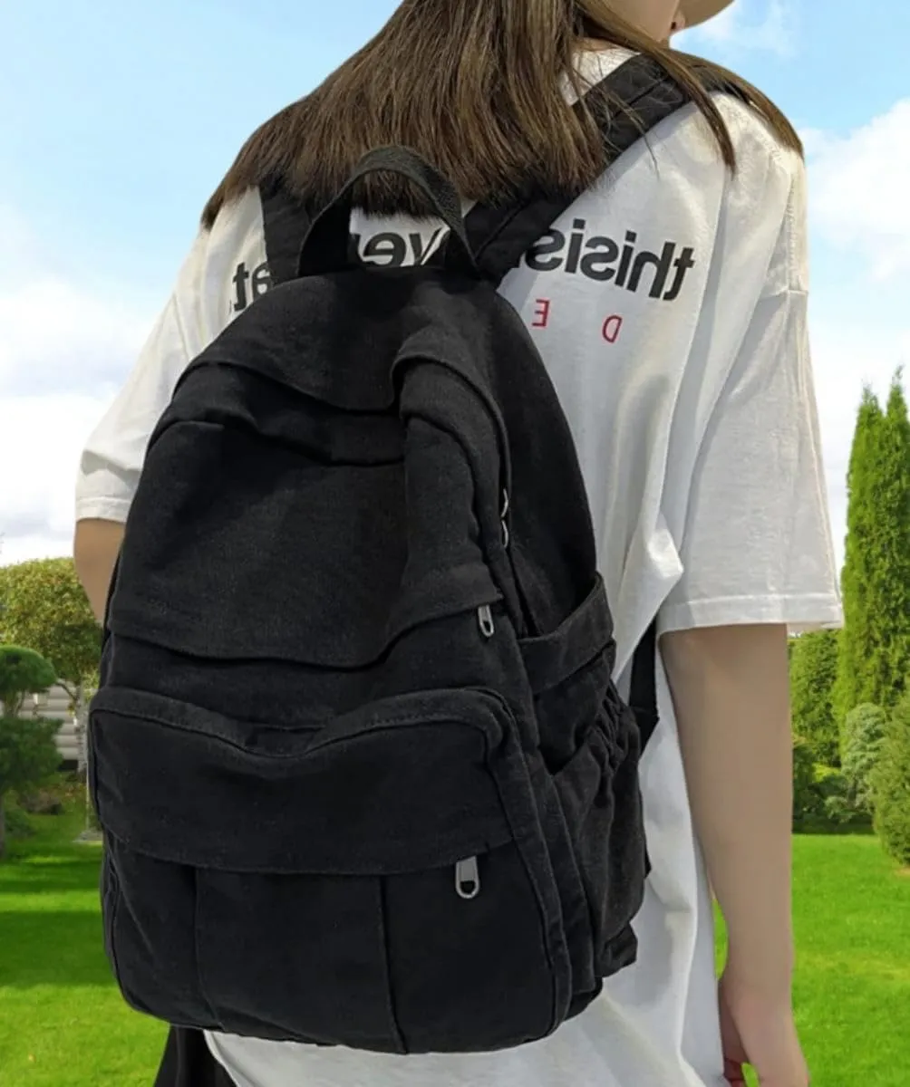Black Canvas Backpack for Women & Men Retro Aesthetic Rucksack Basic Backpack for High School/College Students Travel Laptop Bag
