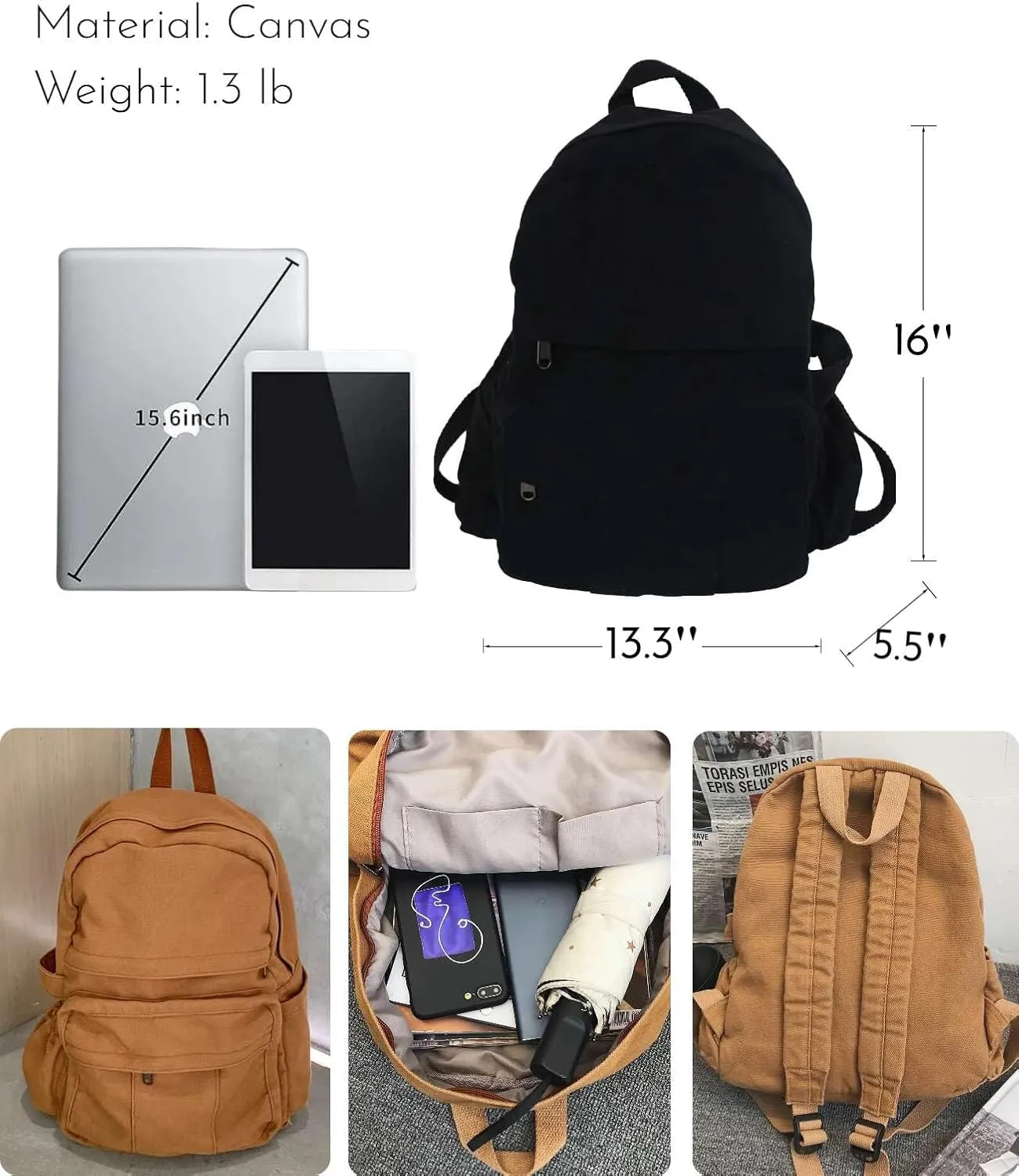 Black Canvas Backpack for Women & Men Retro Aesthetic Rucksack Basic Backpack for High School/College Students Travel Laptop Bag