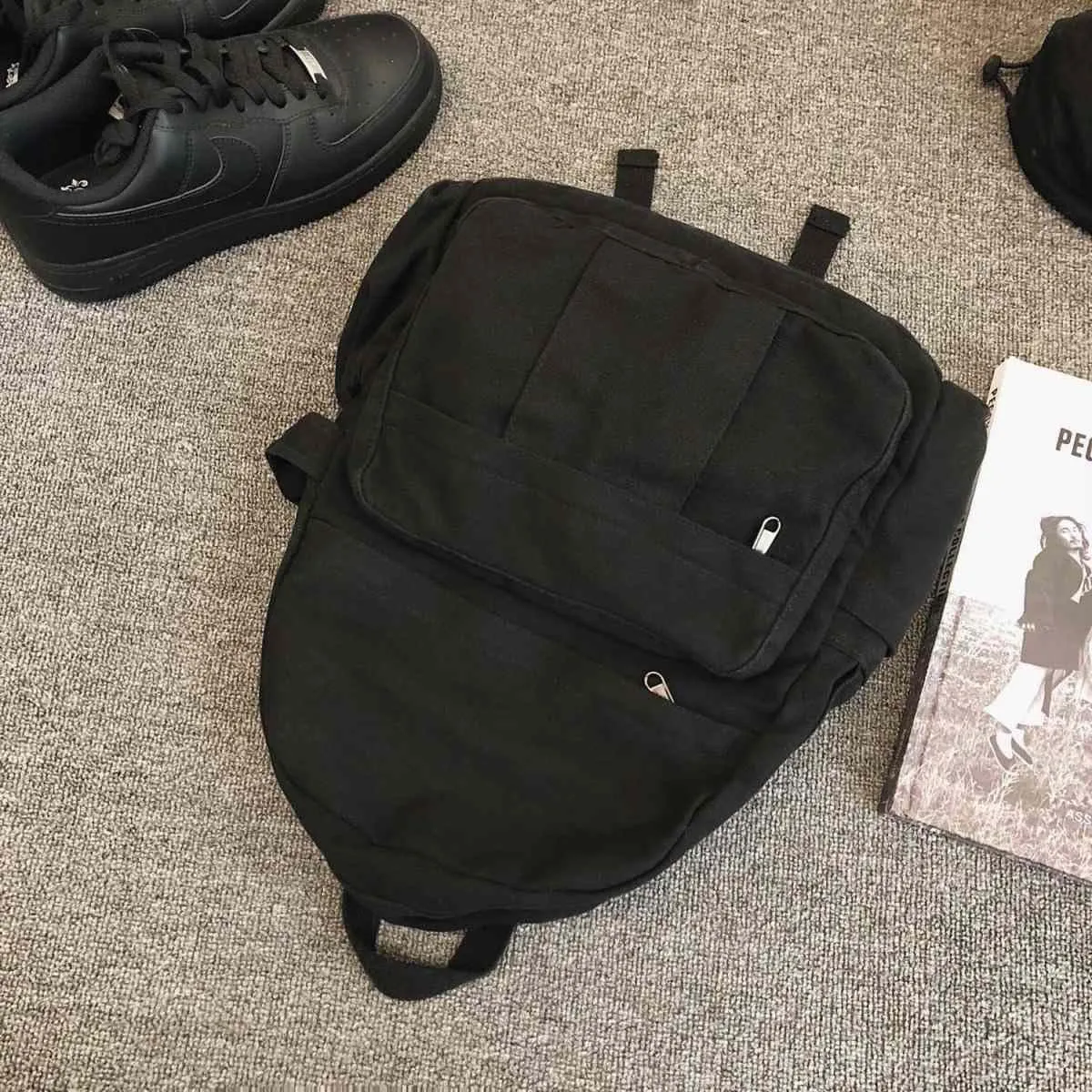 Black Canvas Backpack for Women & Men Retro Aesthetic Rucksack Basic Backpack for High School/College Students Travel Laptop Bag