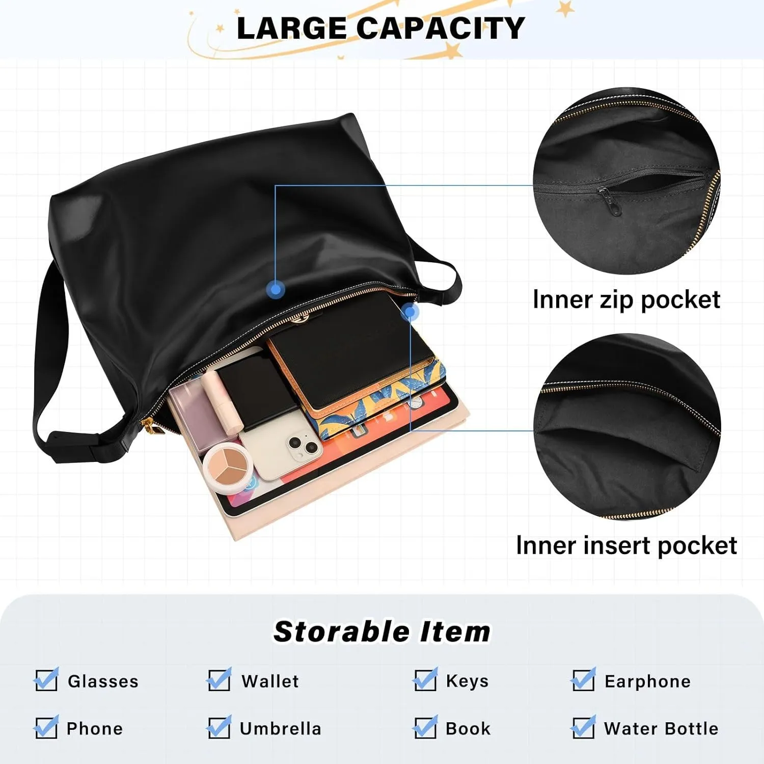 Black Crossbody Bag for Women Men with Adjustable Strap PU Leather Shoulder Hobo Purse Bag 20810