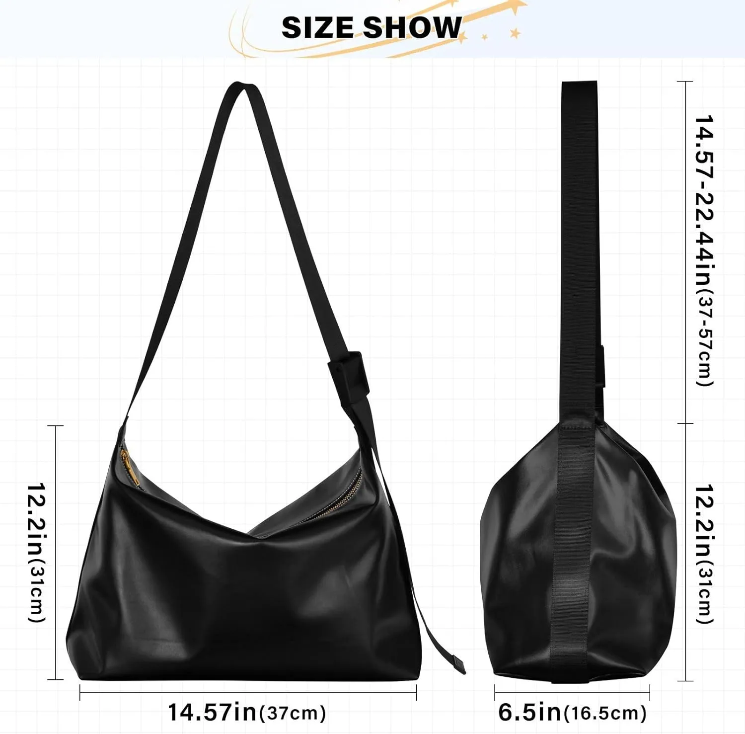 Black Crossbody Bag for Women Men with Adjustable Strap PU Leather Shoulder Hobo Purse Bag 20810