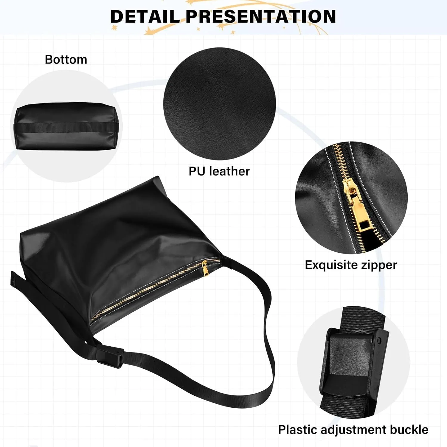 Black Crossbody Bag for Women Men with Adjustable Strap PU Leather Shoulder Hobo Purse Bag 20810