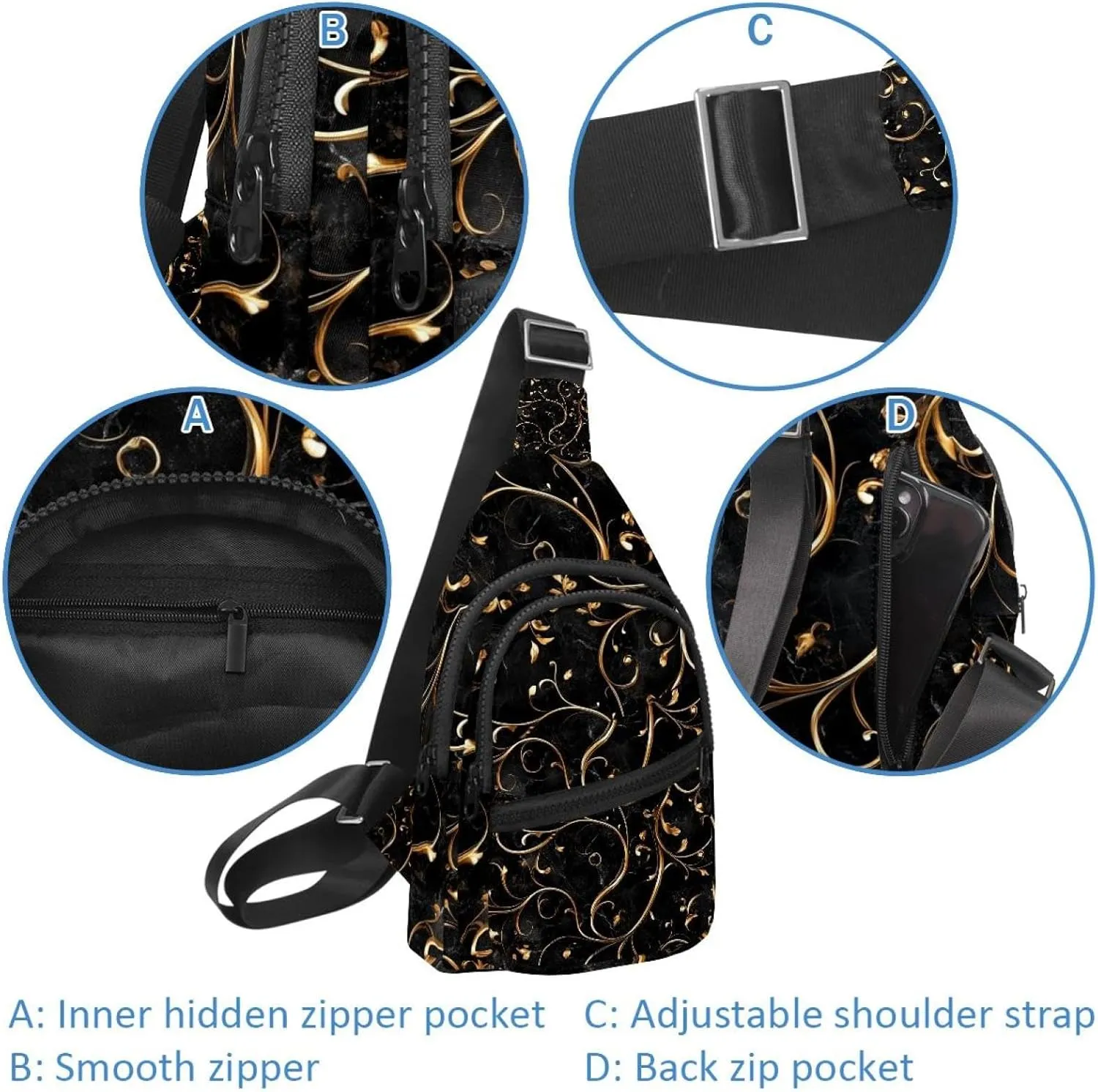 Black gold seamless pattern designs (1) Sling Bag for Women Men Crossbody Shoulder Tote Blet Bags Backpack Fanny Pack Travel Purse