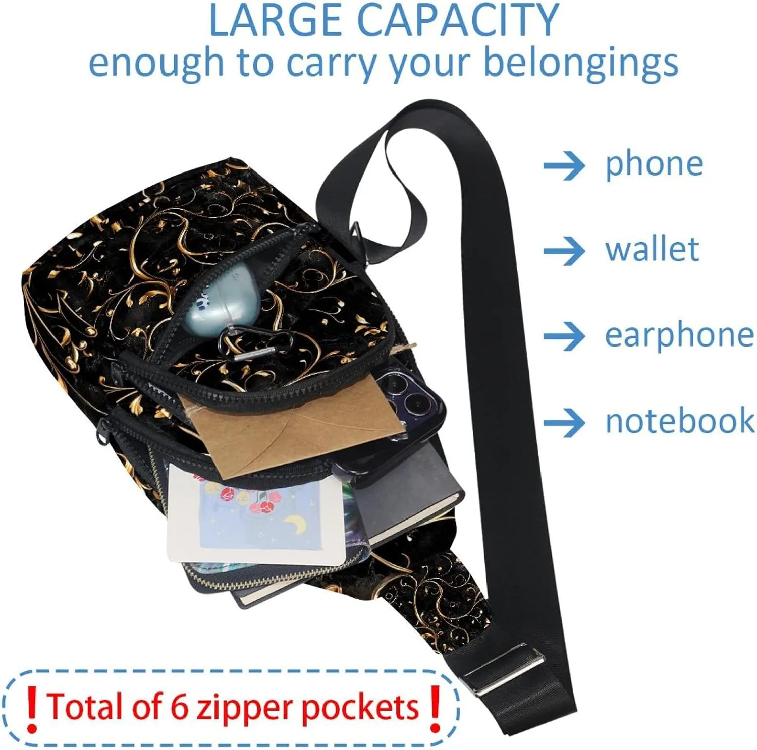 Black gold seamless pattern designs (1) Sling Bag for Women Men Crossbody Shoulder Tote Blet Bags Backpack Fanny Pack Travel Purse
