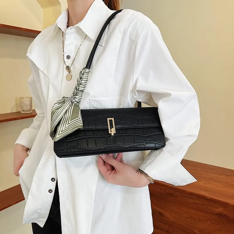 Black Shoulder Bag for Women Small Bag with silk scarf Shoulder Hobo Handbag Fashionable Evening Clutch Purse