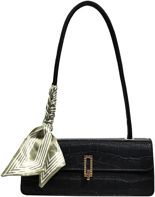 Black Shoulder Bag for Women Small Bag with silk scarf Shoulder Hobo Handbag Fashionable Evening Clutch Purse