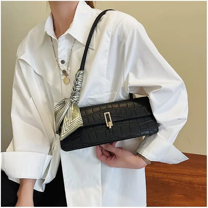 Black Shoulder Bag for Women Small Bag with silk scarf Shoulder Hobo Handbag Fashionable Evening Clutch Purse