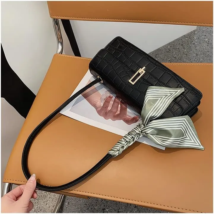 Black Shoulder Bag for Women Small Bag with silk scarf Shoulder Hobo Handbag Fashionable Evening Clutch Purse