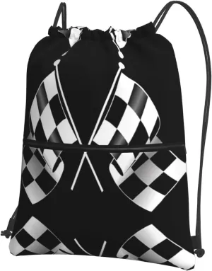 Black White Formula Checkered Flags Pattern Print Nylon Drawstring Backpack â€“ Adjustable Lightweight Gym Bag for Sports, Travel, Camping & Hiking