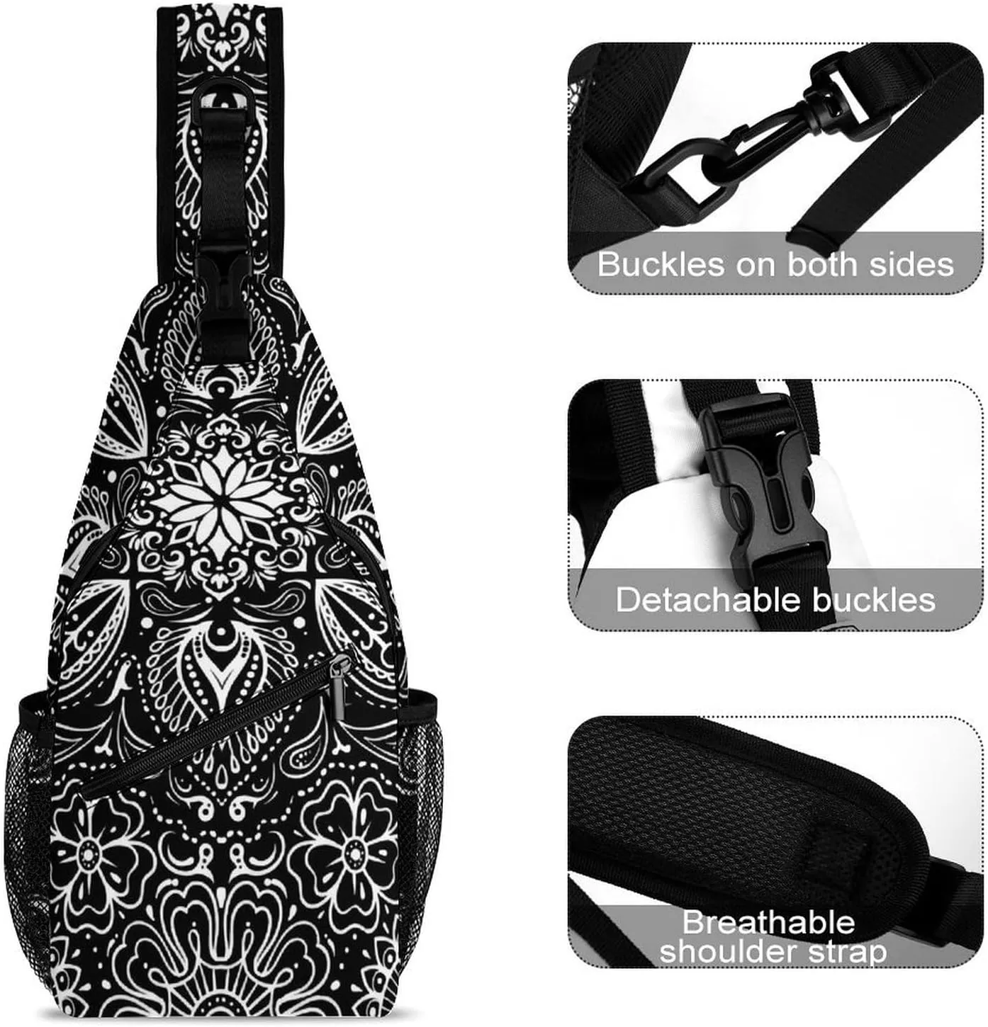 Black White Paisley A Spacious And Large Capacity Portable Adjustable Chest Bag