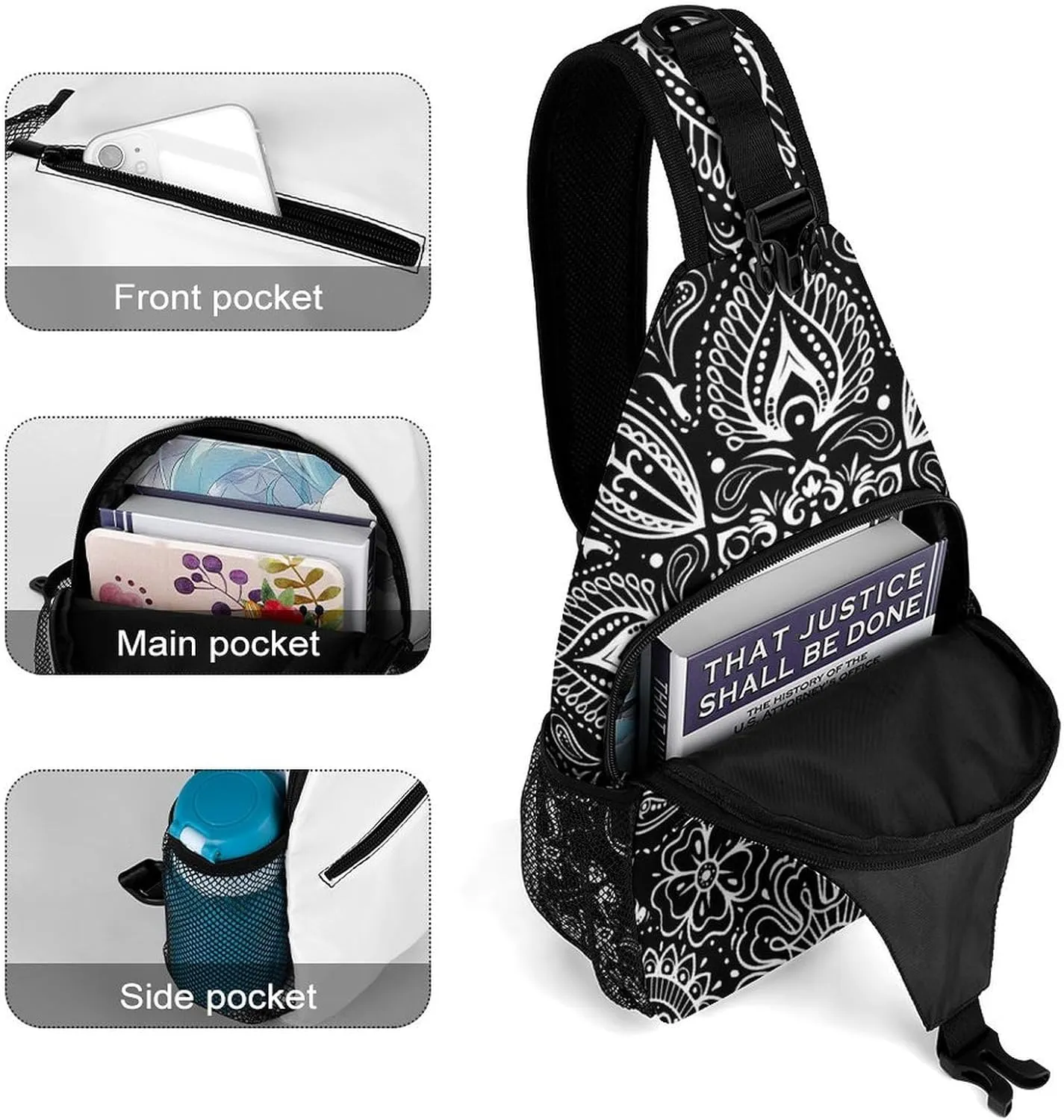 Black White Paisley A Spacious And Large Capacity Portable Adjustable Chest Bag