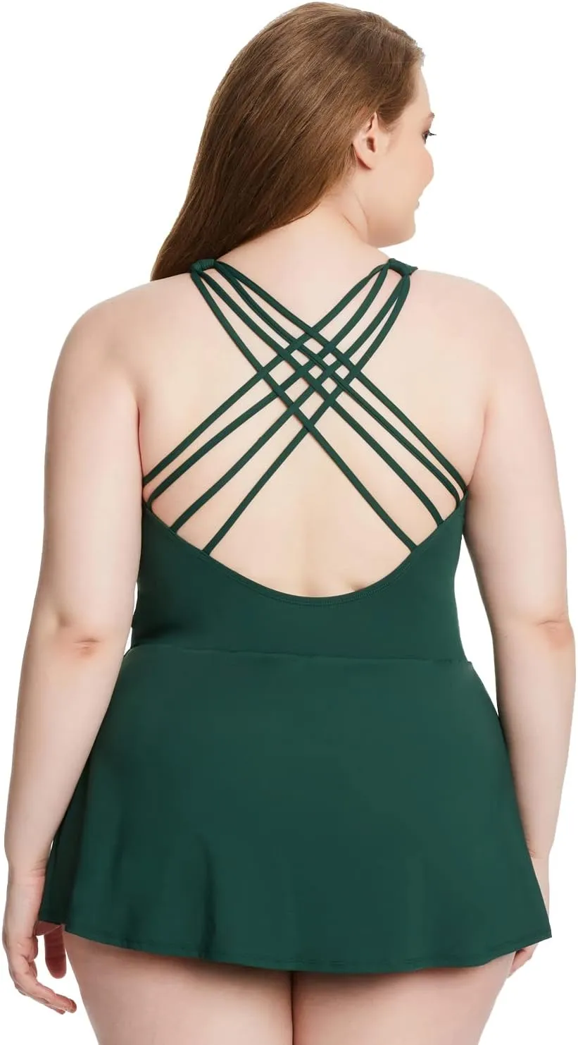 Bleu Rod Beattie Over The Shoulder Cross Back One-Piece Swimdress W/Removable Cups, from Don't Mesh with Me, Size