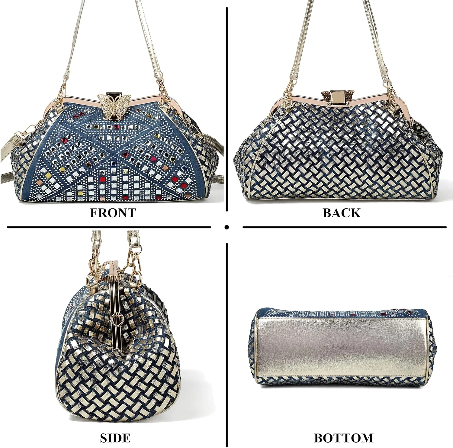 Bling Rhinestone Handbags for Women Woven Clutch Purses Jean Purse Crossbody Denim Evening Bag