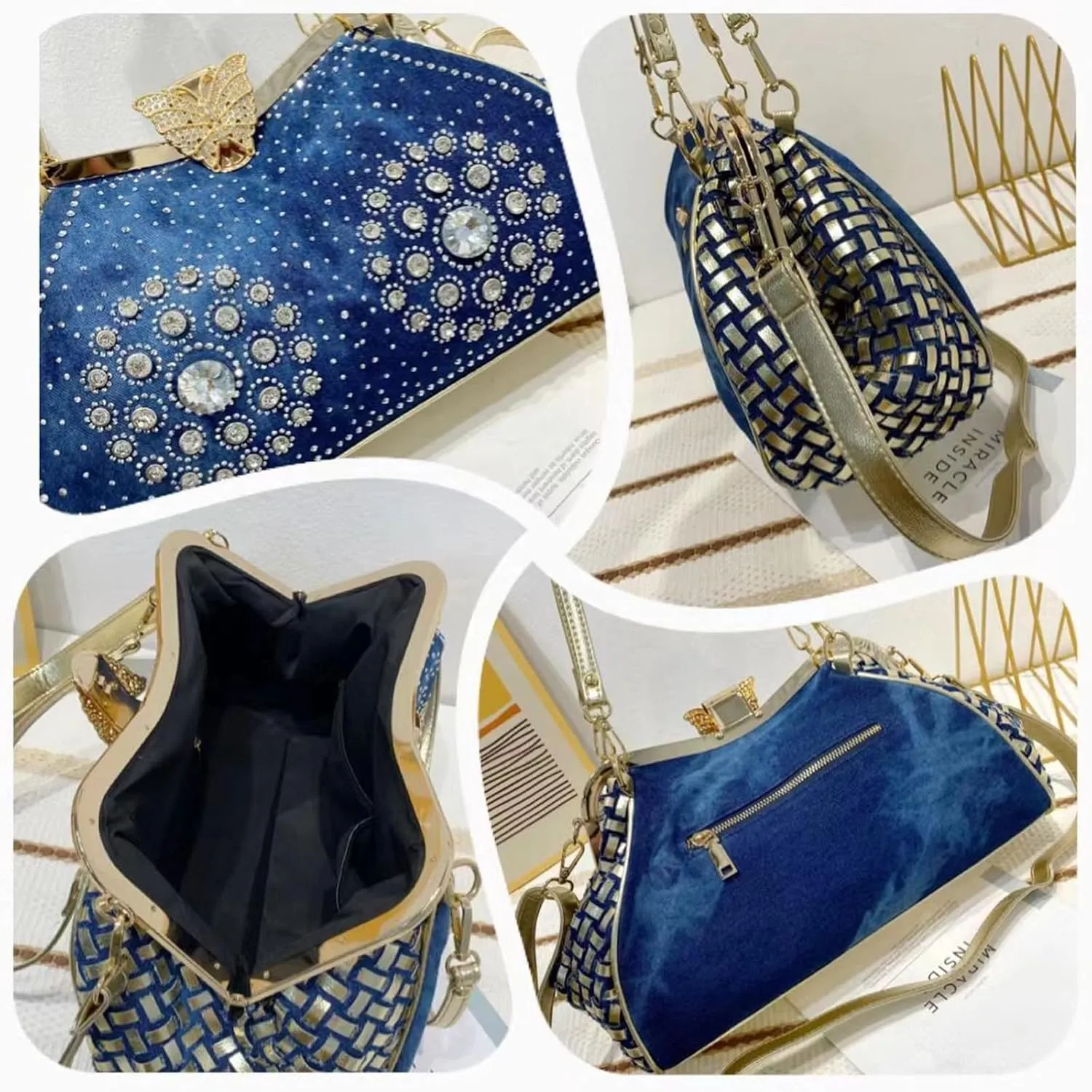 Bling Rhinestone Handbags for Women Woven Clutch Purses Jean Purse Crossbody Denim Evening Bag