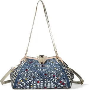 Bling Rhinestone Handbags for Women Woven Clutch Purses Jean Purse Crossbody Denim Evening Bag