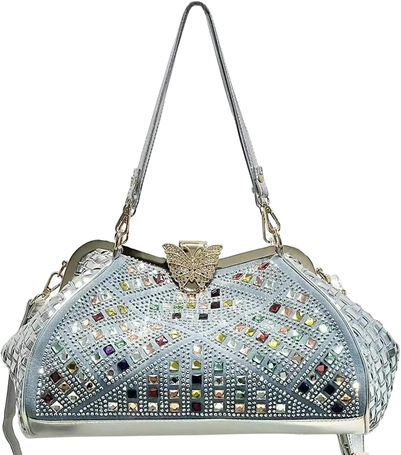 Bling Rhinestone Handbags for Women Woven Clutch Purses Jean Purse Crossbody Denim Evening Bag