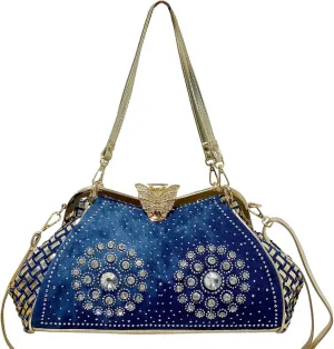 Bling Rhinestone Handbags for Women Woven Clutch Purses Jean Purse Crossbody Denim Evening Bag