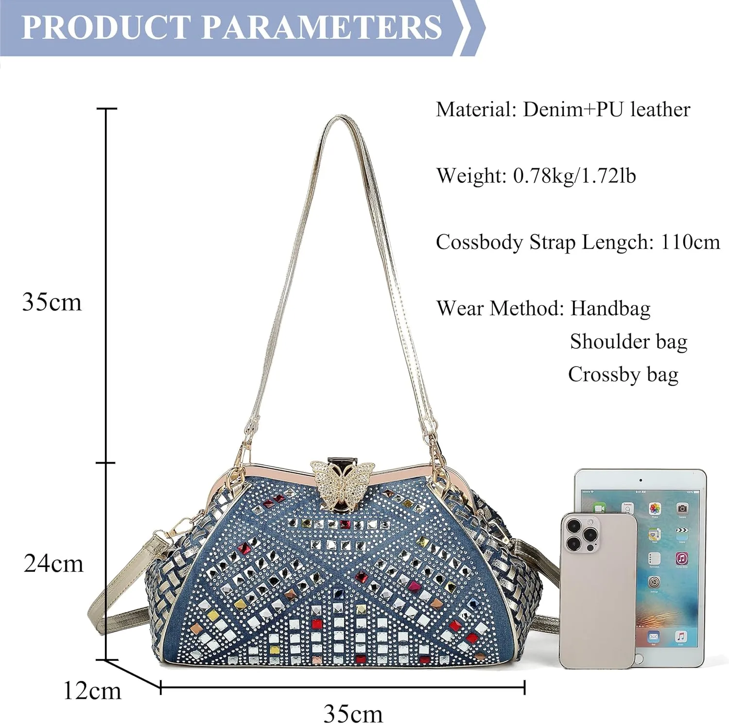 Bling Rhinestone Handbags for Women Woven Clutch Purses Jean Purse Crossbody Denim Evening Bag