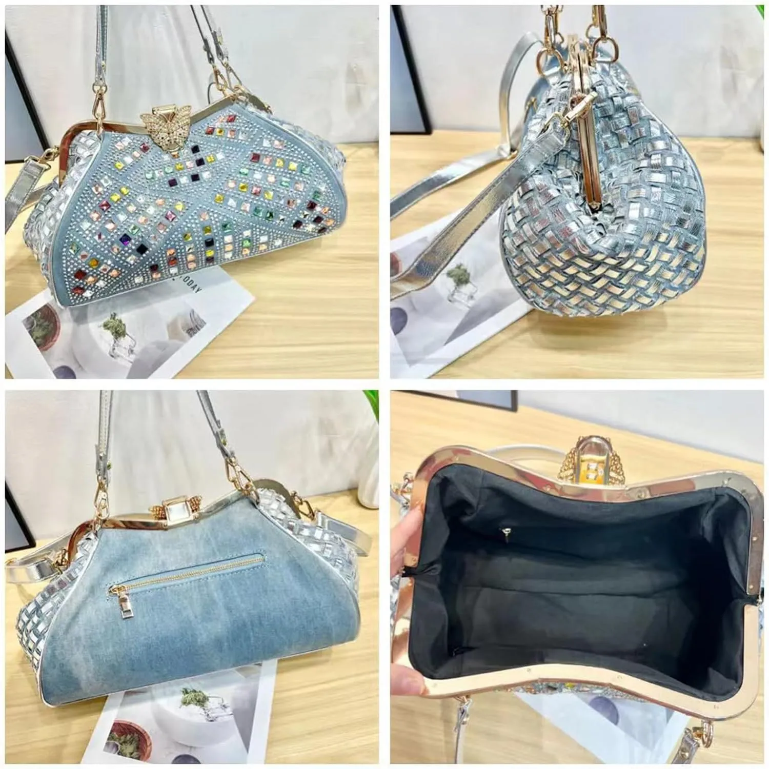 Bling Rhinestone Handbags for Women Woven Clutch Purses Jean Purse Crossbody Denim Evening Bag
