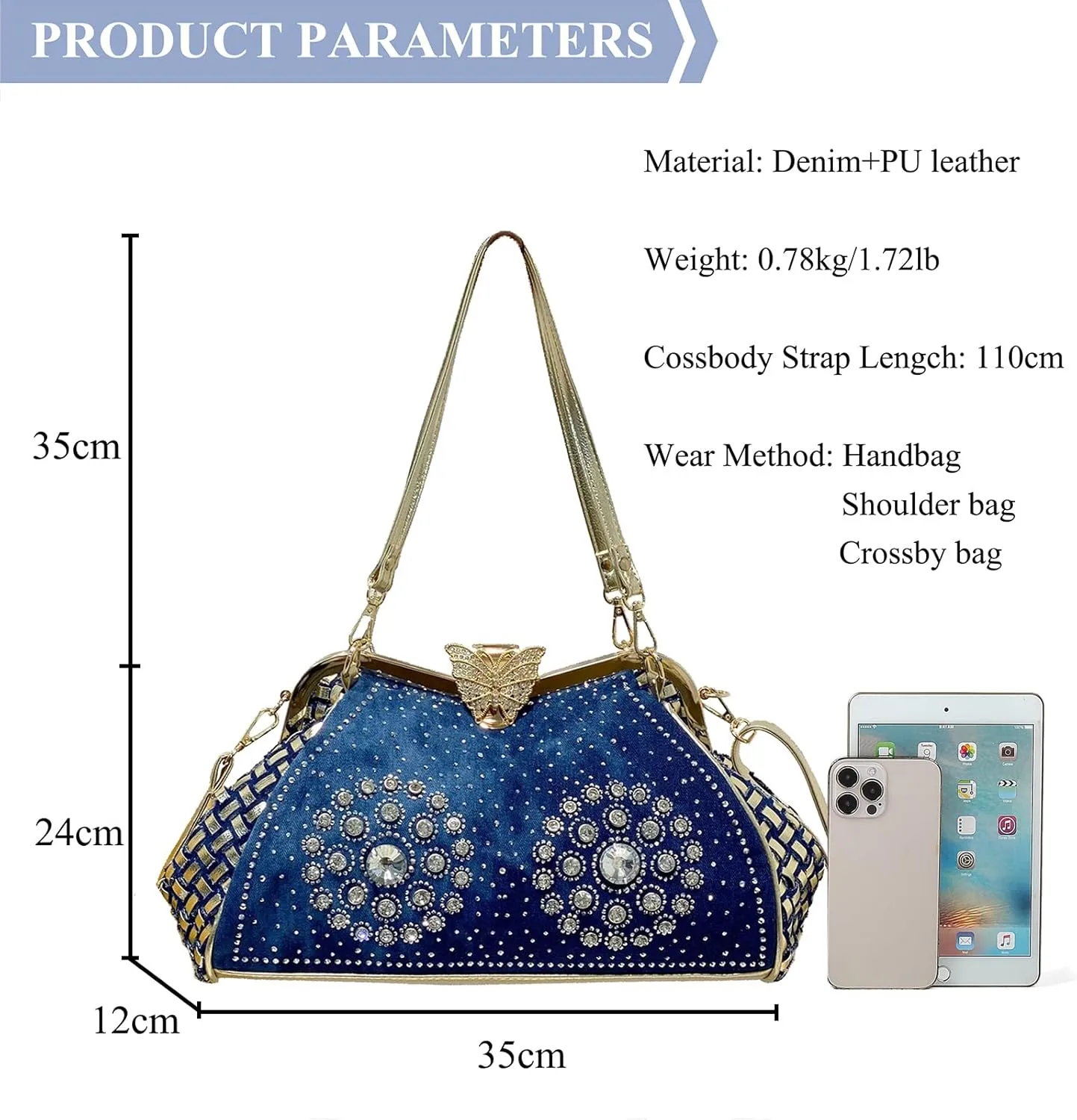 Bling Rhinestone Handbags for Women Woven Clutch Purses Jean Purse Crossbody Denim Evening Bag