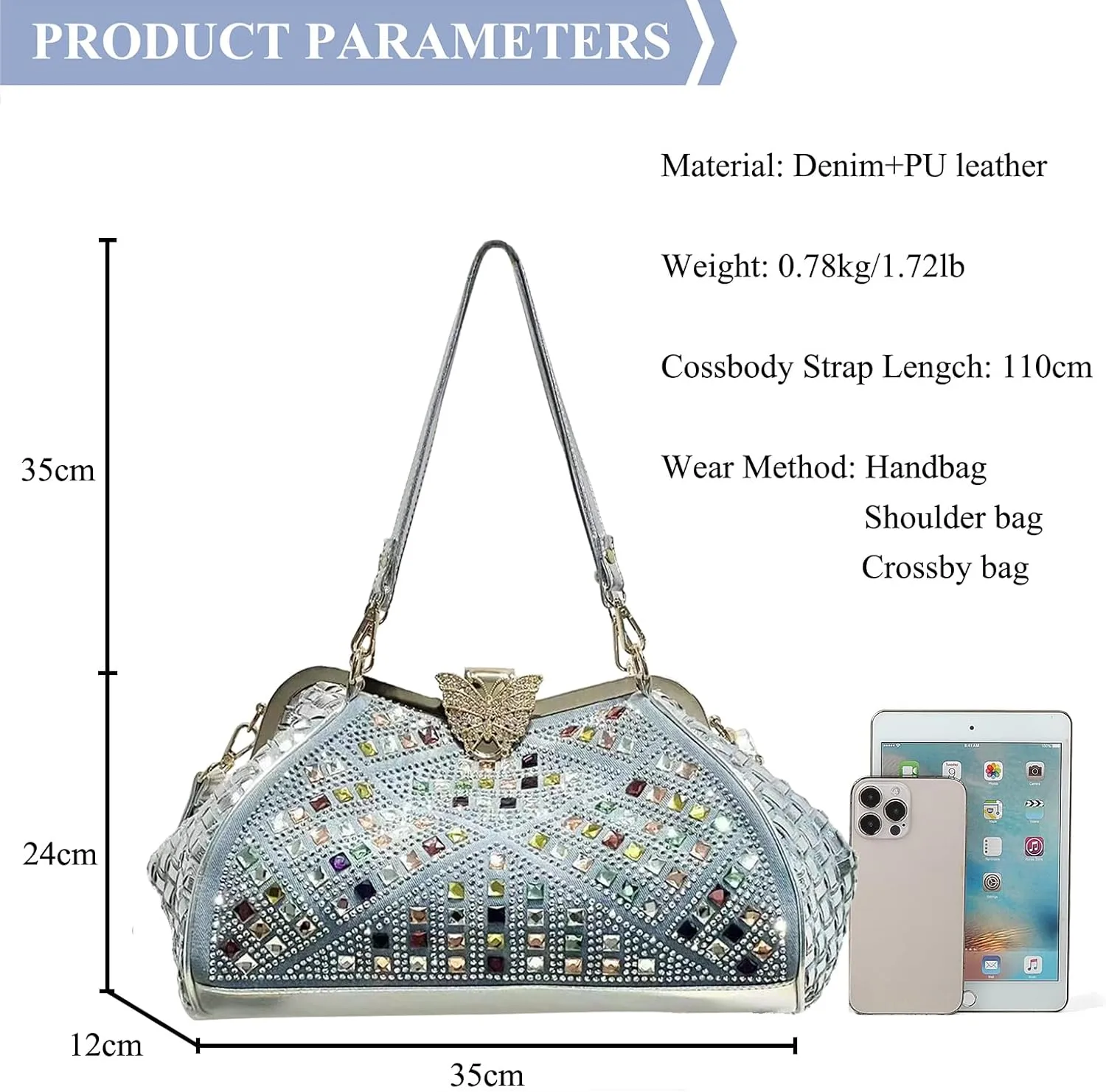 Bling Rhinestone Handbags for Women Woven Clutch Purses Jean Purse Crossbody Denim Evening Bag