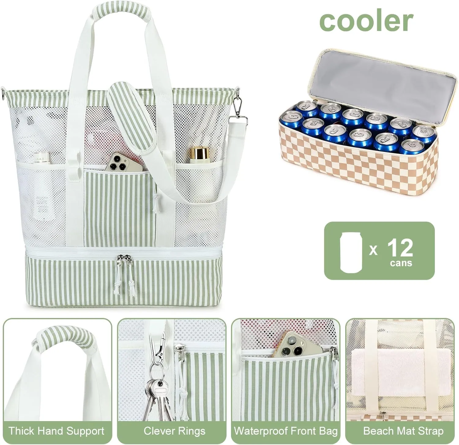 Bluboon Mesh Beach Tote Bag with Cooler Compartment Insulated Detachable Picnic Bag with Zipper and Pocket Pool Bag for Women